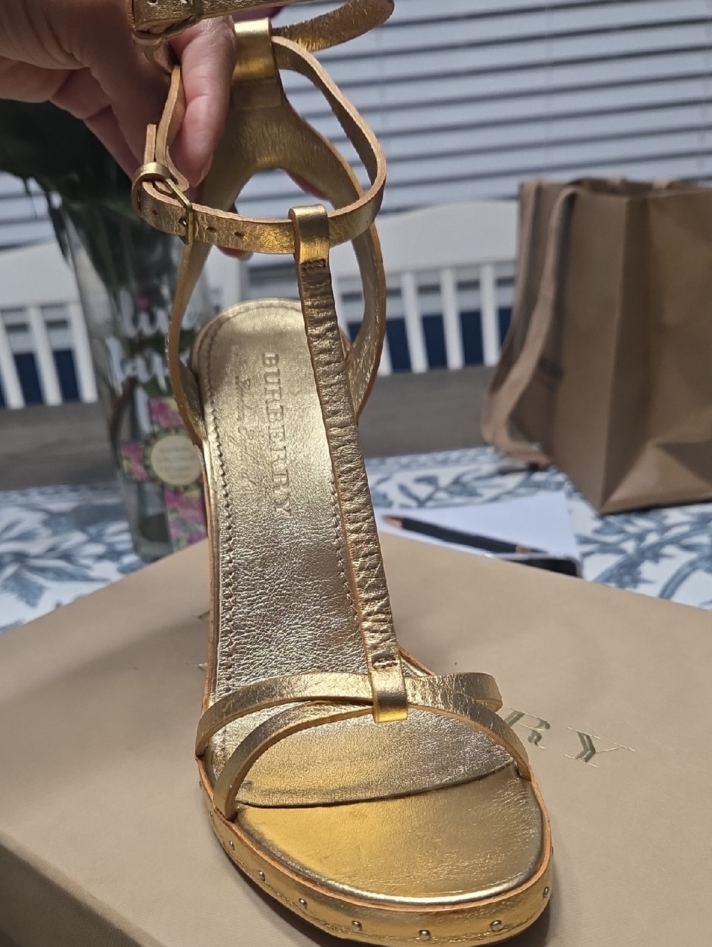 Burberry Metallic Gold Leather T-Strap Heel Sandal